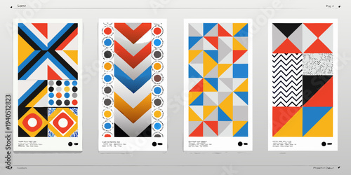 Four vertical abstract geometric patterns in vibrant primary colors