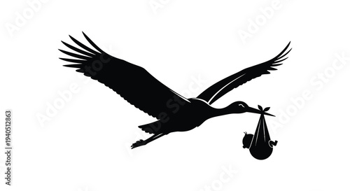 A black silhouette of a stork carrying a bundled baby in its beak symbolizing new life and delivery silhouette high quality