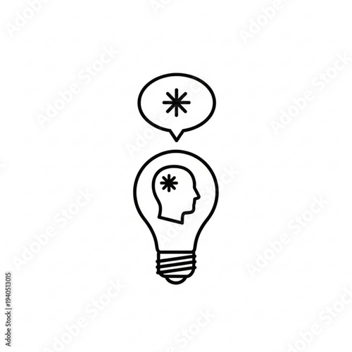 Line art illustration of a lightbulb containing a human head profile with an asterisk, and a speech bubble above it also with an asterisk, symbolizing an idea or thought process.