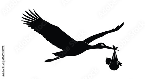 A black silhouette of a stork carrying a bundled baby in its beak symbolizing new life and delivery silhouette high quality