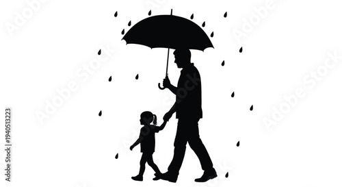 Father and daughter walk in the rain a striking silhouette
