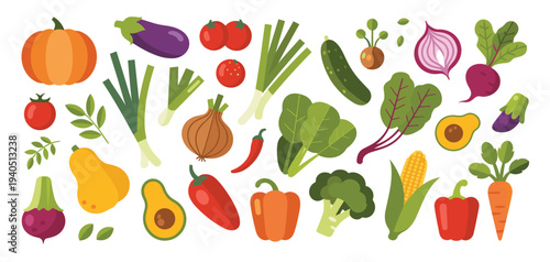 Assorted fresh vegetables and produce collection pumpkin