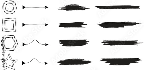 Set of 13 black brush stroke icons and shapes vector
