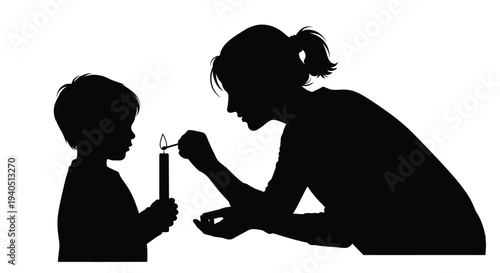 Mother and child lighting a candle together a striking silhouette