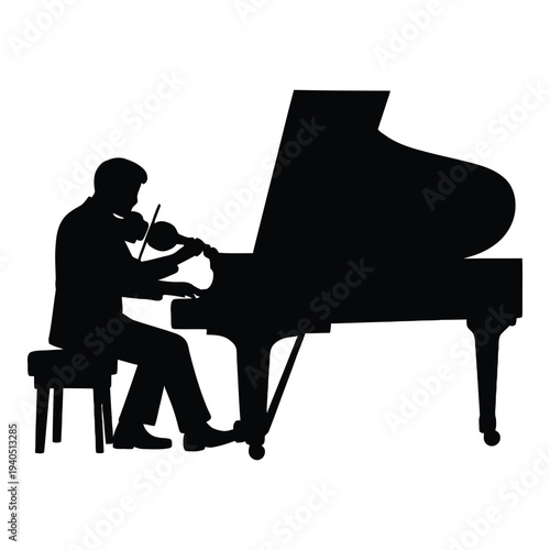 Musician silhouette playing violin next to a grand piano