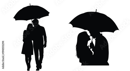 Couple with umbrellas sharing a romantic moment black silhouette