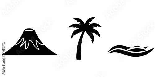 Tropical Volcano Silhouette Set: Erupting Mountain Peak, Coastal Palm Tree, and Rolling Ocean Wave Icons