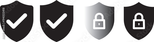Shield check mark icon set security protection verification safety approval black and white. security icon with check mark and lock sign