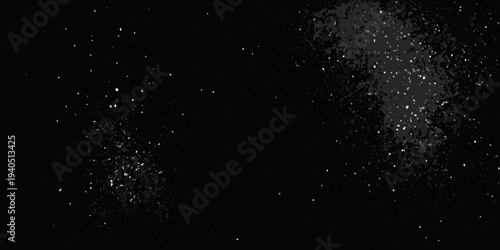 A dark abstract image featuring scattered white particles and blurred shapes