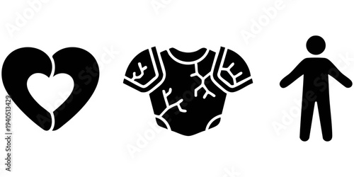 Character Attribute Silhouette Set: Layered Heart Life Icon, Cracked Battle Armor, and Human Figure Avatar