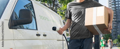 Driver with charging plug next to of electric van