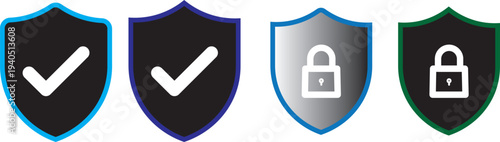 Shield check mark icon set security protection verification safety approval black and white. security icon with check mark and lock sign