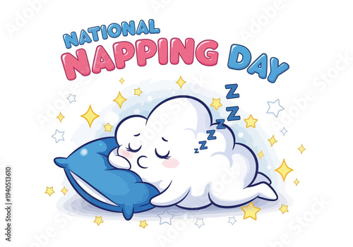Cute cloud character sleeping for national napping day celebration