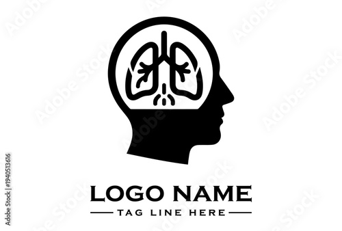 Black silhouette of a human head with a lung and trachea inside, against a white background, with a placeholder logo and tagline.
