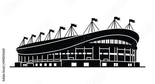 A striking black and white silhouette of a large stadium with multiple flags flying capturing architectural detail high quality professional detailed