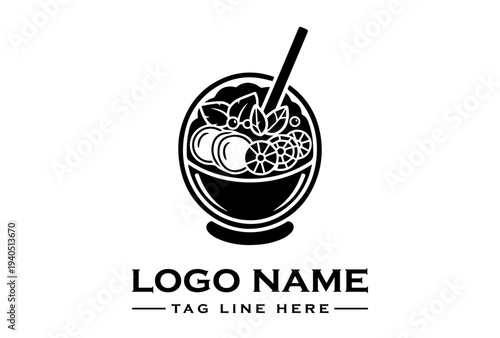 Black and white logo design featuring a bowl of fruit with a spoon on a clean white background.
