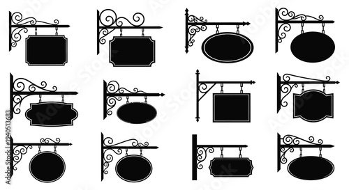 A collection of ornate black sign brackets with blank signboards presented in a grid layout silhouette high quality professional detailed modern