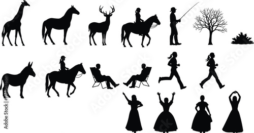 Animal and people silhouette vector set featuring giraffe, horse, deer, running figures, seated characters, dancing women, and tree plants