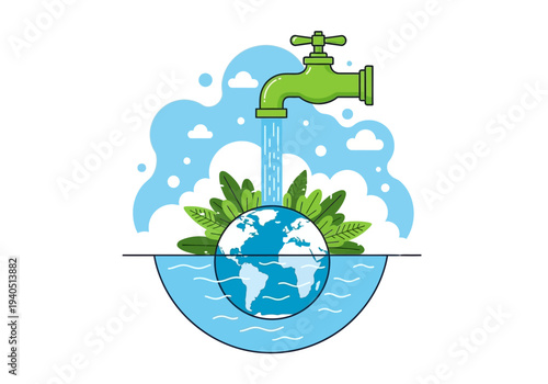 Water conservation concept with earth and dripping faucet illustration