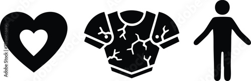 Character Attribute Silhouette Set: Layered Heart Life Icon, Cracked Battle Armor, and Human Figure Avatar