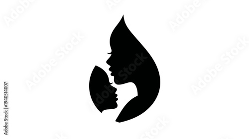 Stylized Mother and Child Profiles Silhouette Icon. Graphic illustration of female faces symbolizing care, connection, and family bond.
