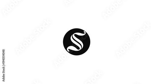 Stylized uppercase letter S in a black circle icon. Minimalist alphabet initial design, elegant symbol on white background.