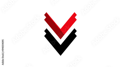 Modern Abstract Red and Black V-Shapes Down Arrow Graphic Element. Geometric Stylized Directional Symbol on White.