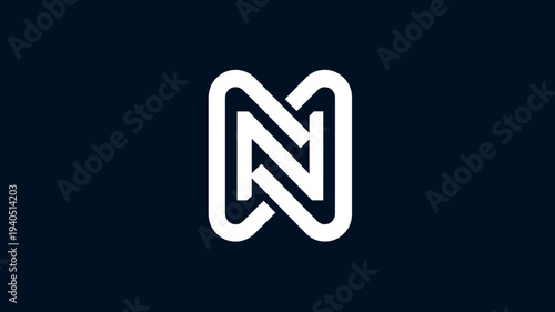 Clean and modern white interwoven letter N monogram graphic on a deep navy blue background, abstract letterform design element.