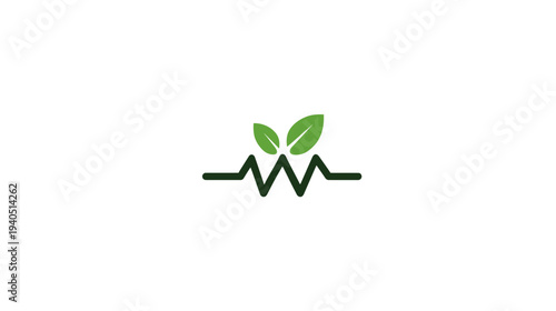 Green leaves with a dynamic wavy line symbol on white, representing eco-friendly energy, natural health, and environmental wellness.