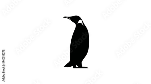 Black Penguin Silhouette Graphic Standing Profile on Clean White Background, Minimalist Arctic Animal Design Icon