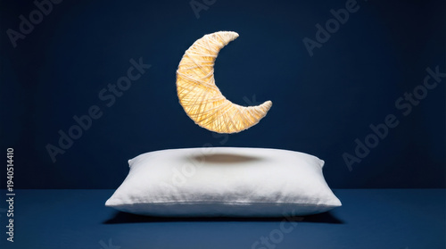 Pillow with Floating Fabric Crescent on saturated navy background, Surreal Sleep Quality Rest and Recovery Concept