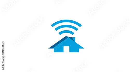 Blue smart home icon with Wi-Fi signal waves, representing wireless internet connectivity, digital house automation, and IoT technology