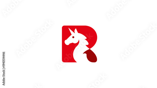 Modern red letter R logo concept with a white unicorn head design, sleek graphic symbol for fantasy, business, or branding