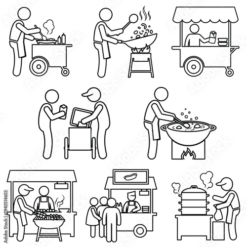 Food Court Street Food Vendor Outline Icon Set – Restaurant Cooking, Food Stall, BBQ Grill Line Vector Icons