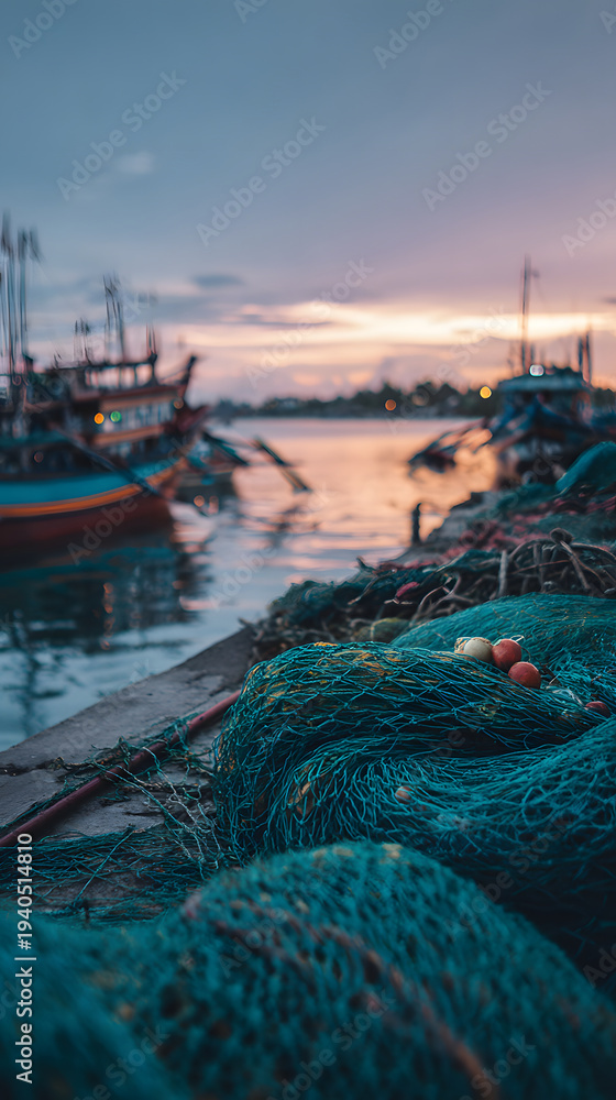 Fototapeta premium Fishing net sunset harbor boat sea dusk rope coastal village Fishing net with colorful float ball lies on wooden pier near calm harbor at sunset