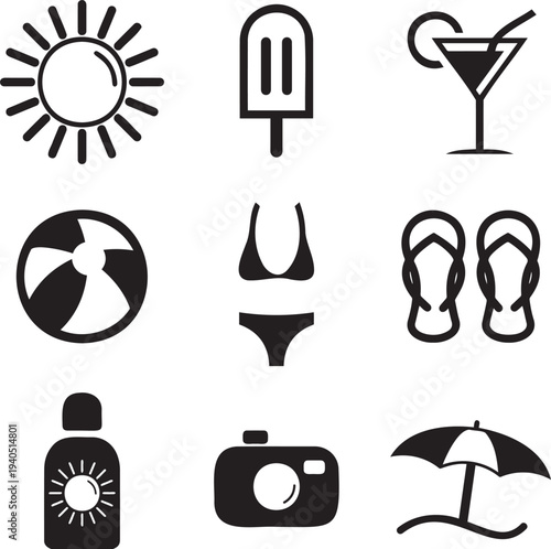 Black and white icons representing summer vacation and beach activities in a simple clean design perfect for travel and tourism related projects and applications.
