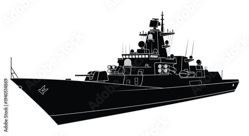 A stark black silhouette of a modern naval destroyer ship featuring detailed structures and weaponry silhouette high quality professional elegant stylish