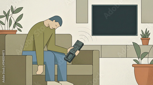 Powerless fatigue concept: tired person with dead remote and no batteries, exhaustion slowdown limit acceptance real human pace