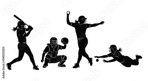A dynamic black silhouette depicts a softball team in action showcasing batting fielding and sliding silhouette high quality professional detailed modern
