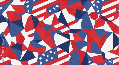 Fragmented mosaic flag with stars in an abstract shattered patriotic pattern.