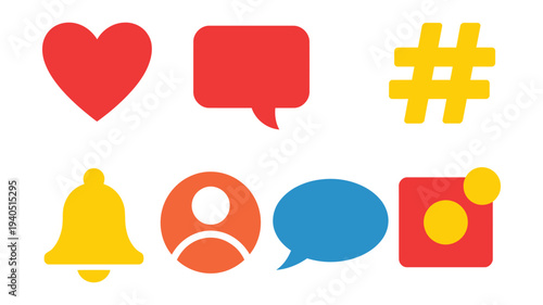 Flat vector icons of social media interactions like button, comment bubble, share arrow, hashtag, notification bell. Comprehensive set of vector symbols illustrating online engagement actions, 