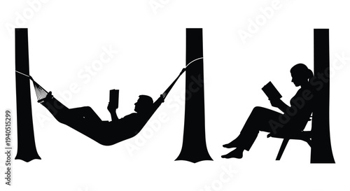 Couple relaxing in hammocks and a chair reading books silhouette