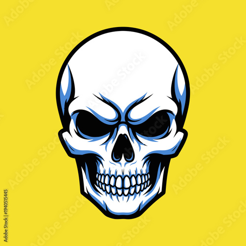 Scary Skull Illustration with Blue Accents on Yellow Background