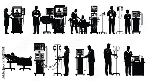 A comprehensive collection of medical equipment and healthcare professionals depicted in black creating a striking silhouette high quality professional detailed modern