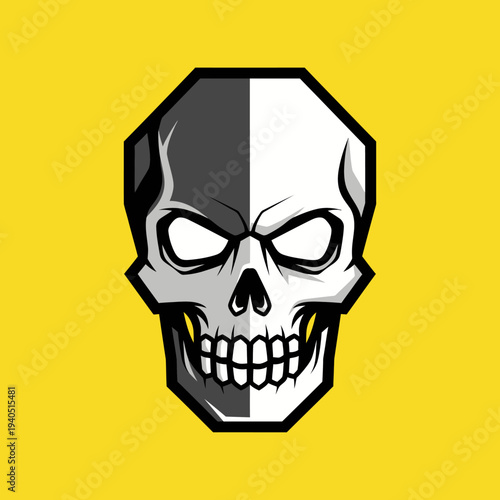 Stylized Skull Icon with Sharp Features and Yellow Background