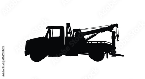 A black silhouette of a tow truck with a raised boom silhouette