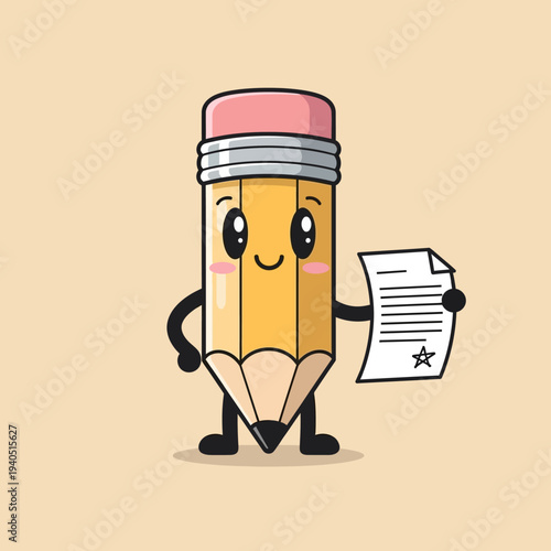 Cute Cartoon Pencil Character Holding a Document with a Star Seal