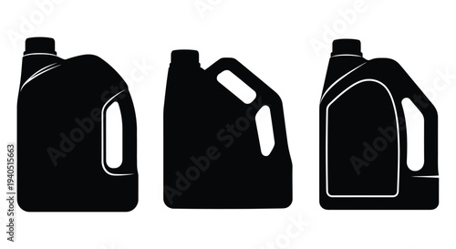 Three black oil containers displayed against a white background silhouette