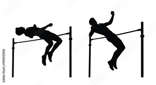 Two athletes performing high jump captured in dynamic silhouette