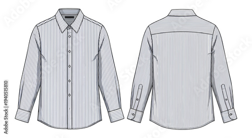 Technical illustration of a striped long sleeve dress shirt showcasing front and back views as a silhouette high quality professional detailed modern